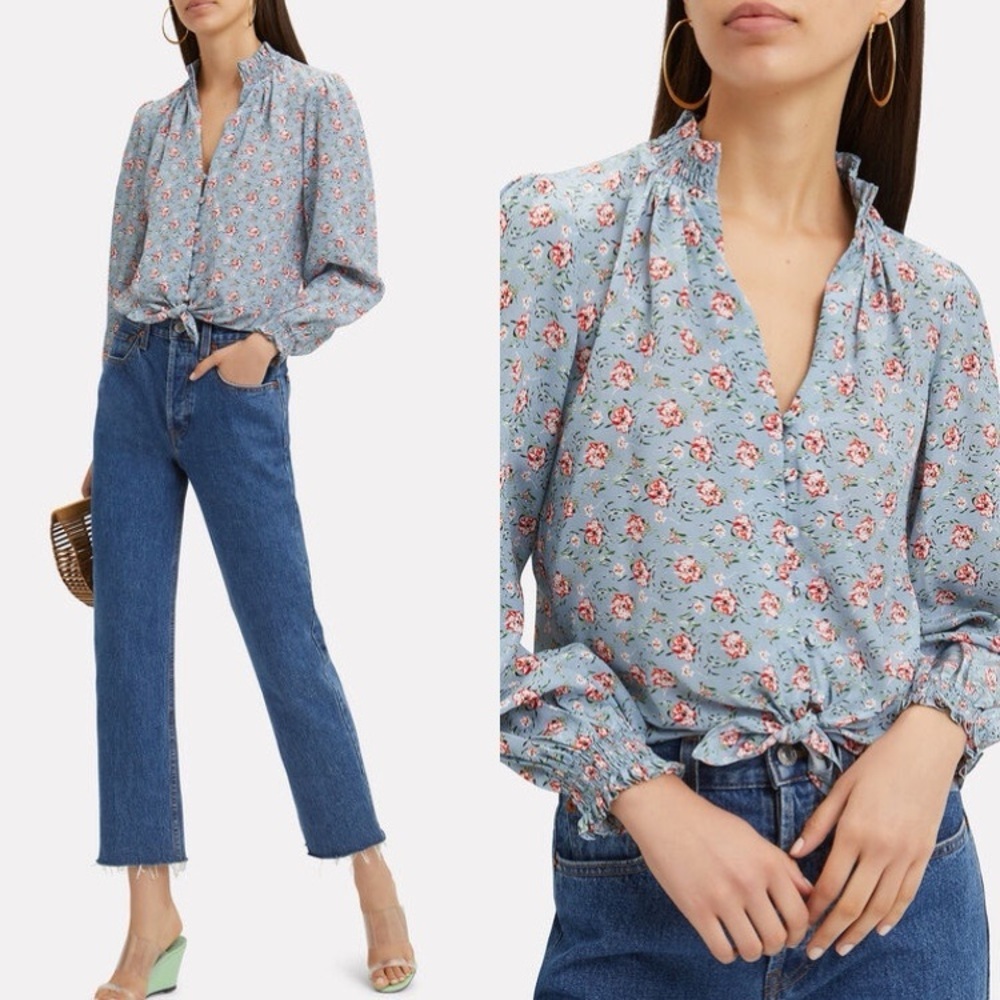 INTERMIX Alana Tie Waist Silk Floral Button Down Blouse Top